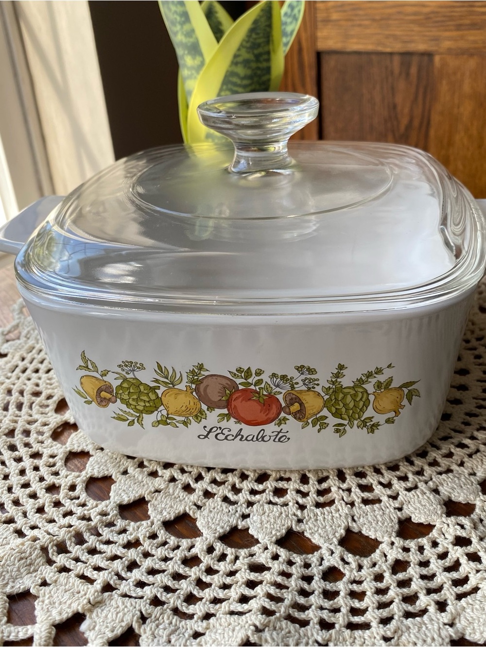 Vintage Corringware White Ceramic Herb & Vegetable Casserole Dish with Glass Lid